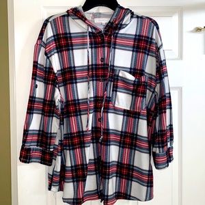 Eden & Olivia Button Up Plaid Top with Hood and Roll Up Button Sleeves